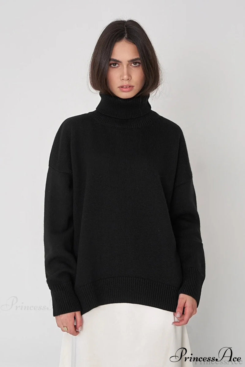Color High-neck Loose Knit Sweater