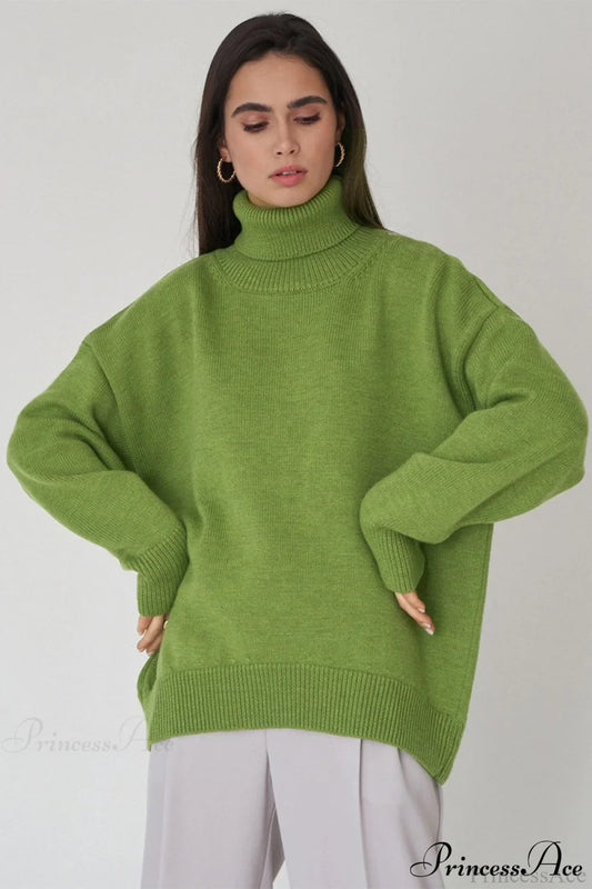 Color High-neck Loose Knit Sweater
