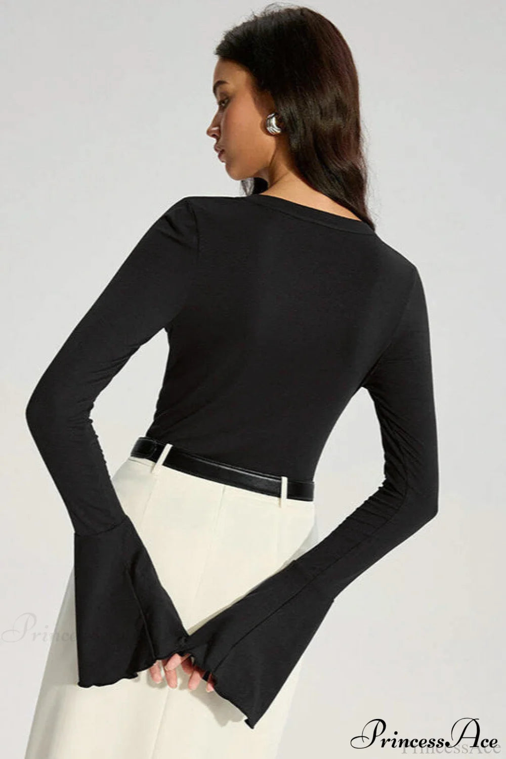 Color Panel Flared Sleeve Ruffled Blouse