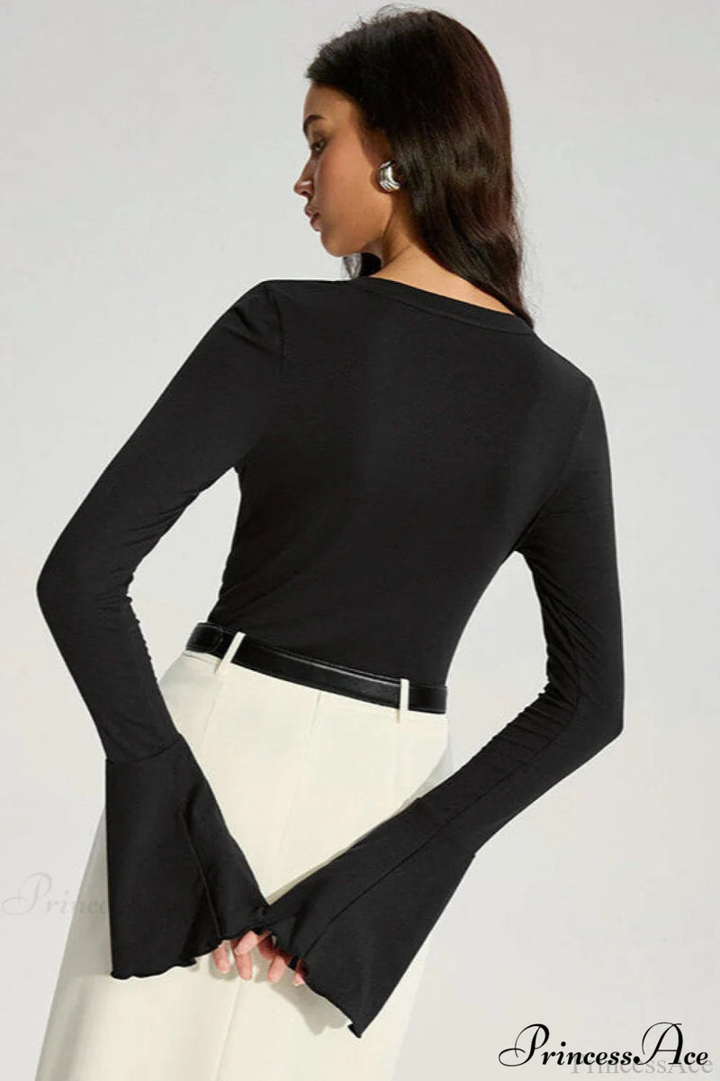 Color Panel Flared Sleeve Ruffled Blouse