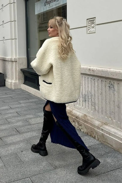Color Sherpa Horn Button Minimalist Coat