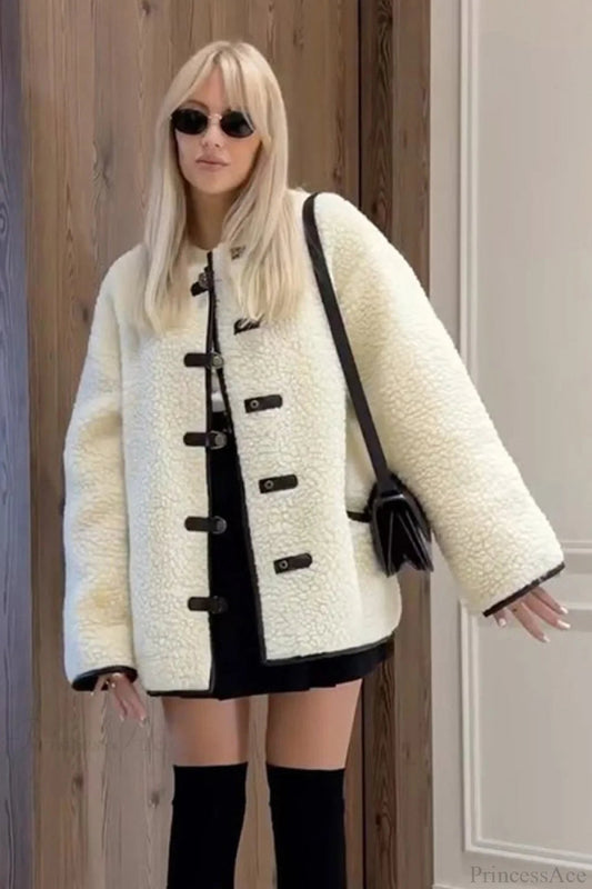 Color Sherpa Horn Button Minimalist Coat