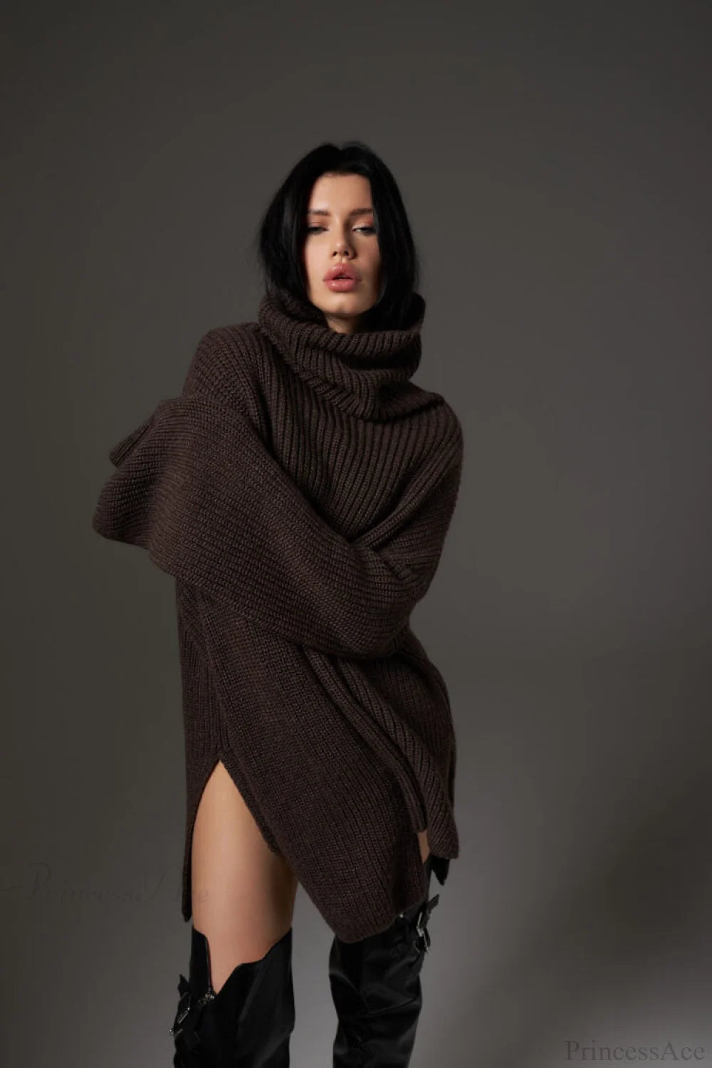 Color Simple Turtleneck Pullover Mid Length Knit Sweater