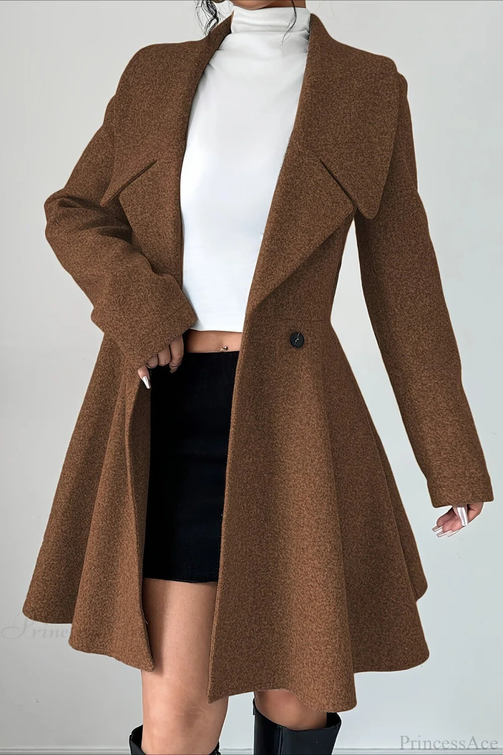 Color Wool Tie Waist Long Sleeve Overcoat