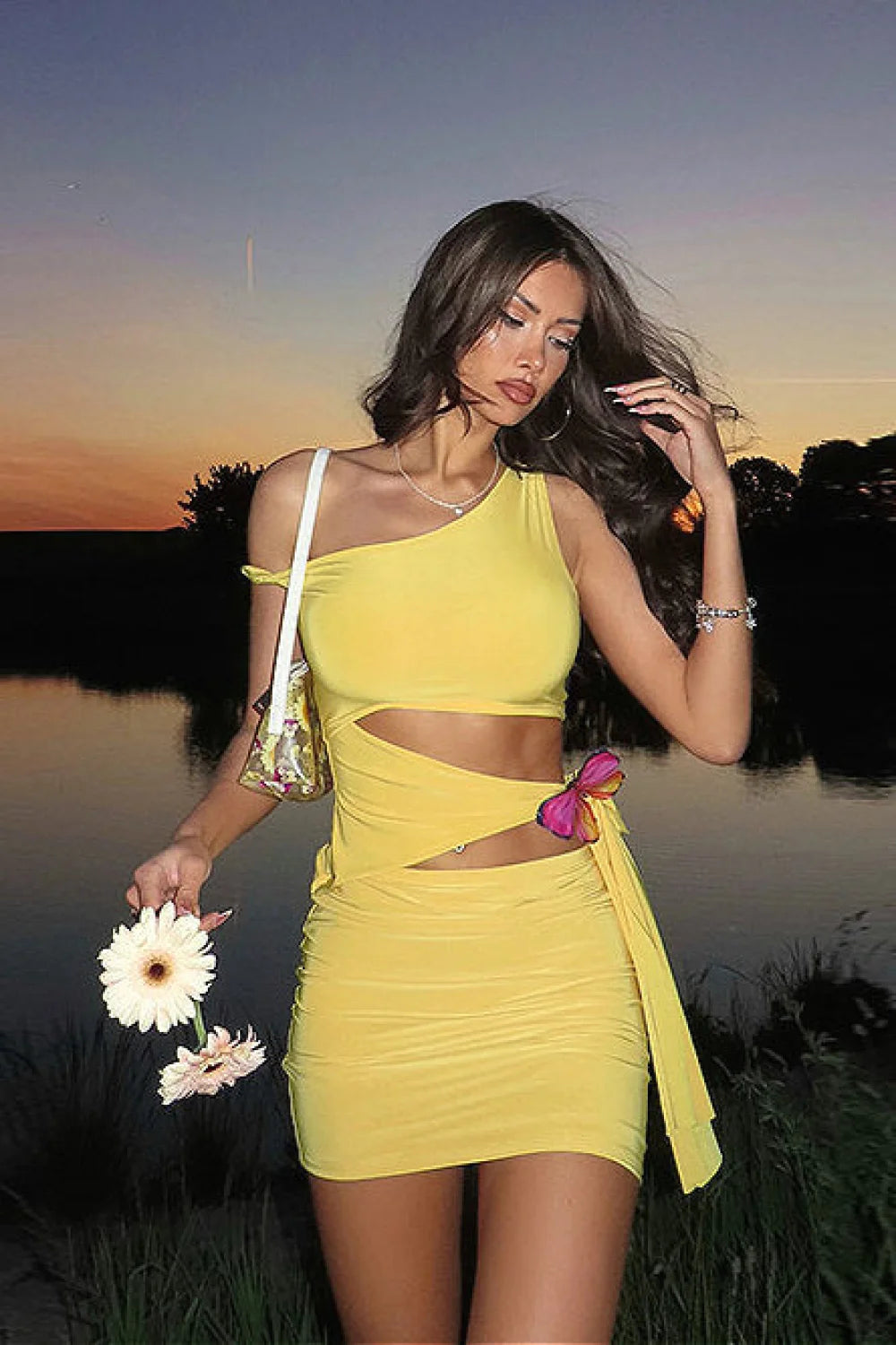 Cutout Bow Tie One Shoulder Mini Dress