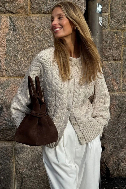 Crewneck Cable Short Cardigan Sweater