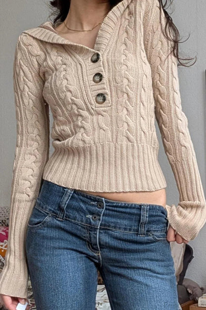 Hooded Button Cropped Slim Sweater