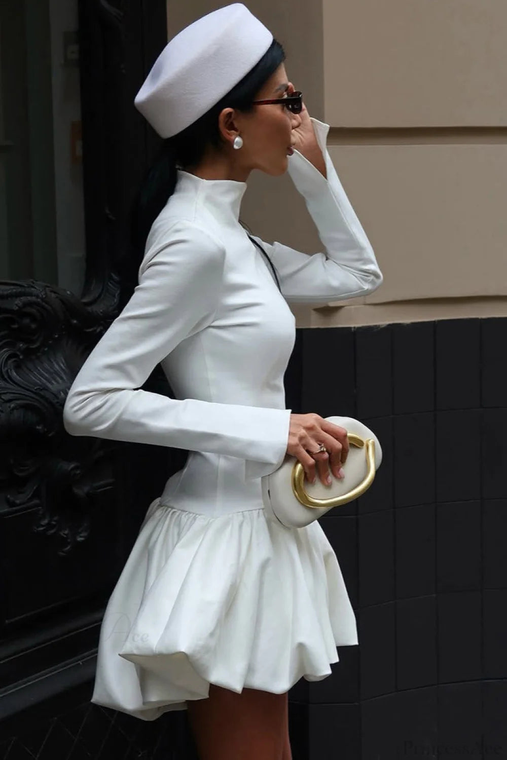 Mock Neck Fitted Waist Long Sleeve Mini Dress