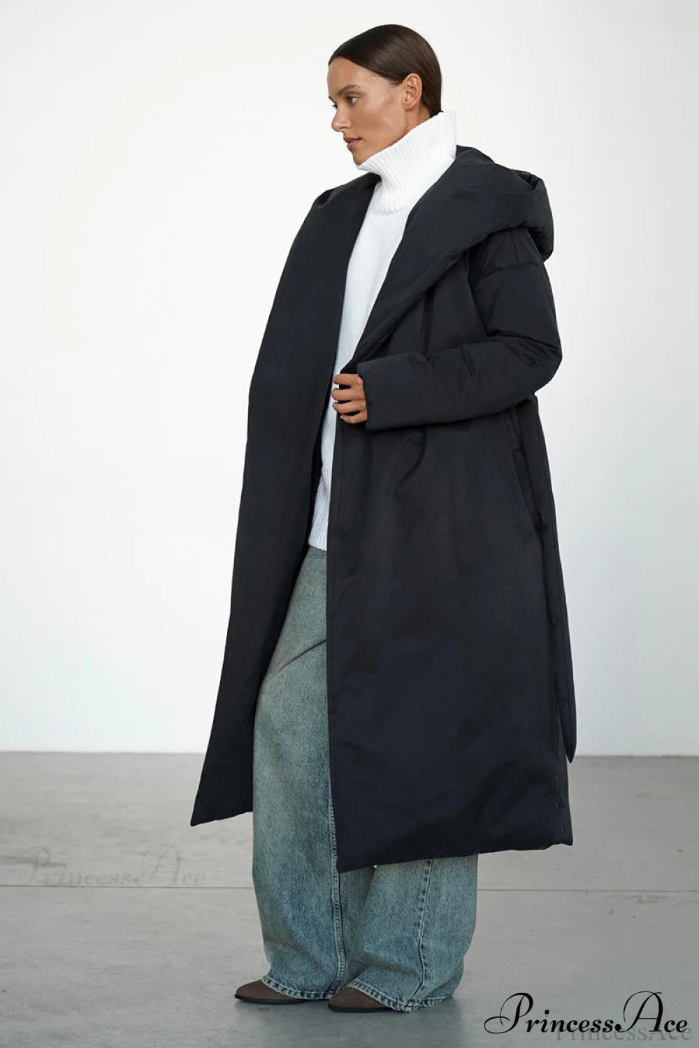 Warm Long Hooded Belted Cotton Puffer Overcoat
