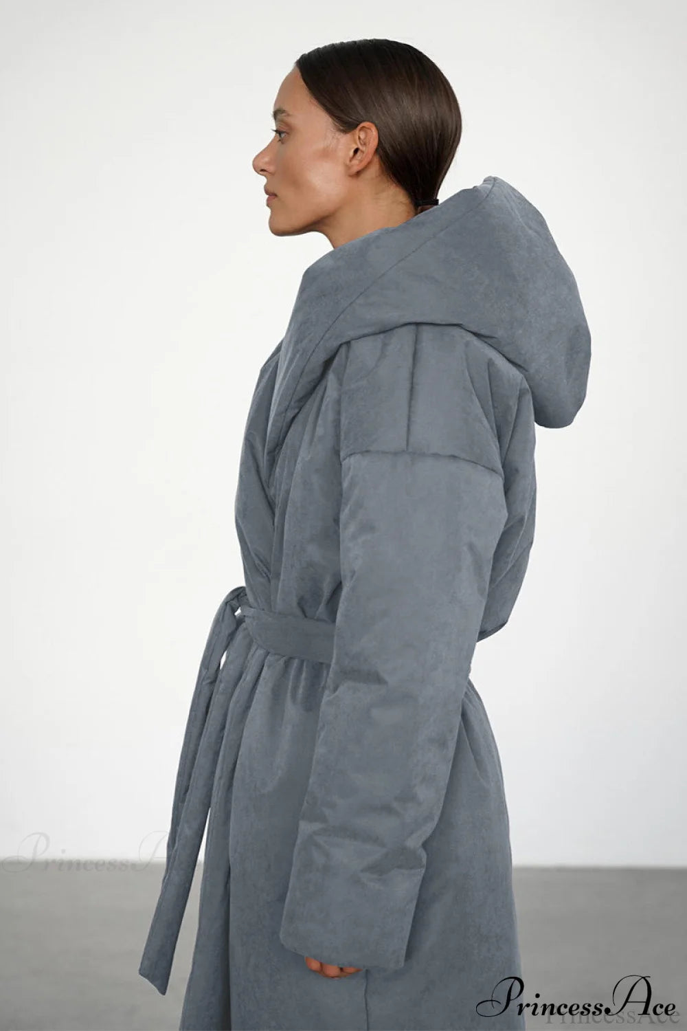 Warm Long Hooded Belted Cotton Puffer Overcoat