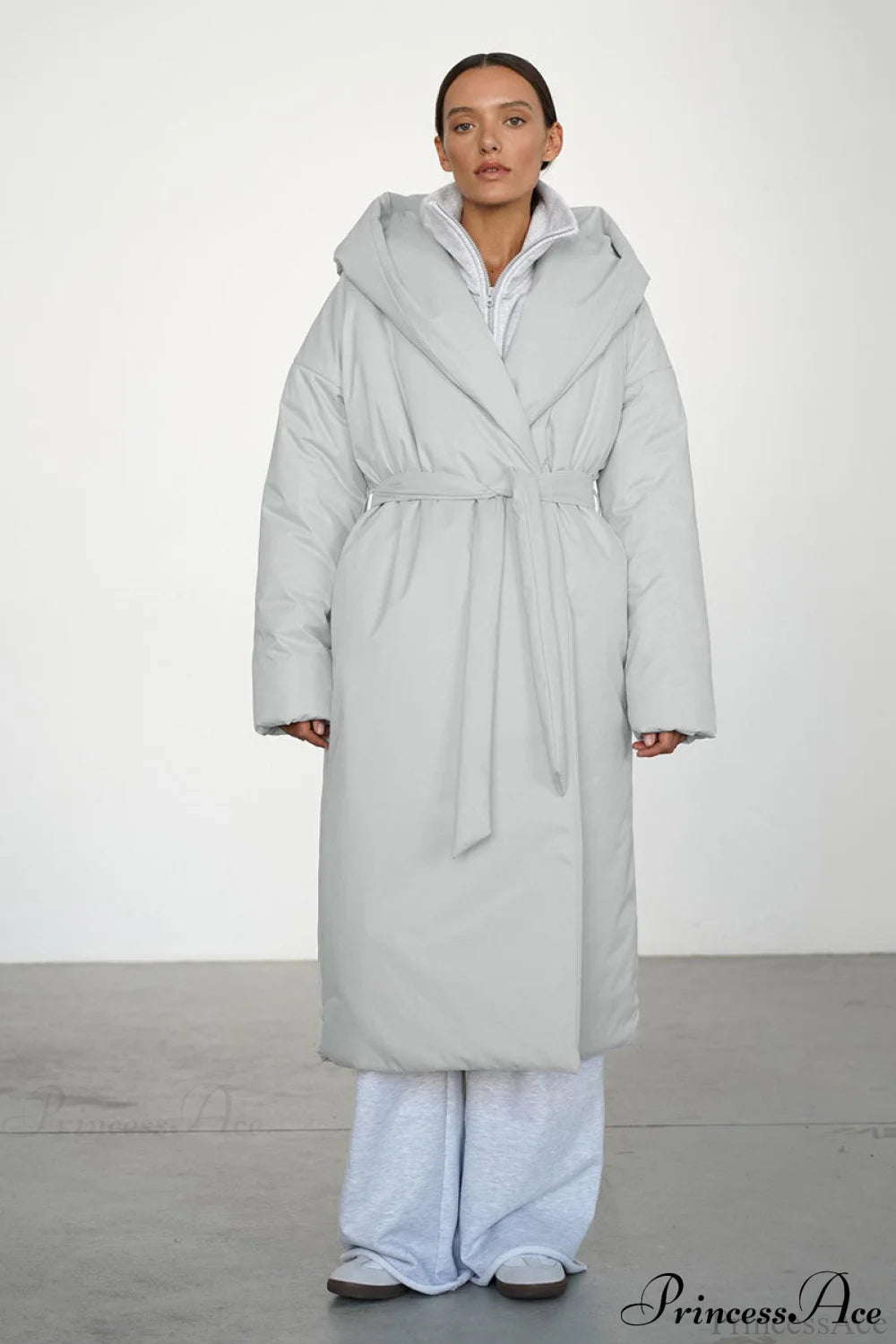 Warm Long Hooded Belted Cotton Puffer Overcoat