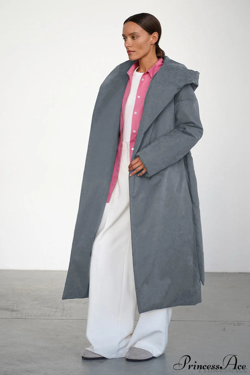 Warm Long Hooded Belted Cotton Puffer Overcoat