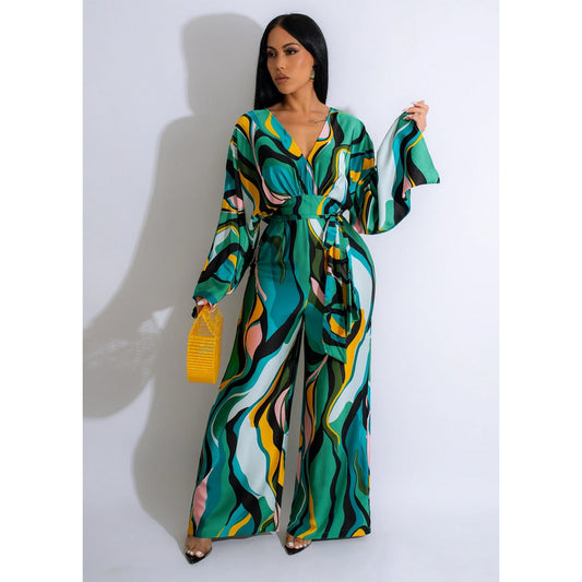 Mixed Print Bandage Design Wide Leg Jumpsuit At9056