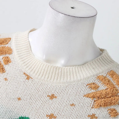 Autumn Winter Knitted Spliced Loose Round Neck Long Sleeve Christmas Sweater