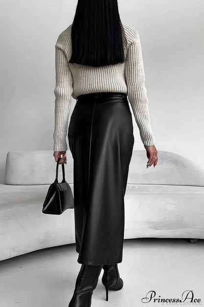 Split Design Fleece Lined Faux Leather Skirt