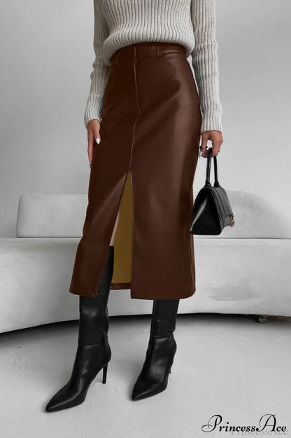 Split Design Fleece Lined Faux Leather Skirt