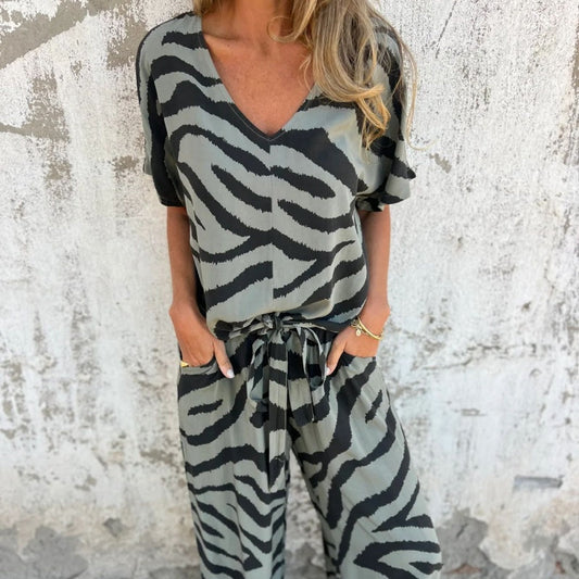 Evelina | Zebra Print V-neck Top and Pants