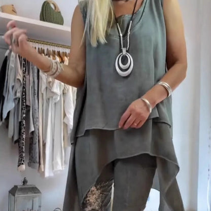 Ora - Two-piece Set: Sleeveless Top and Printed Trousers