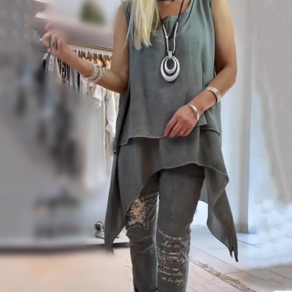 Ora - Two-piece Set: Sleeveless Top and Printed Trousers