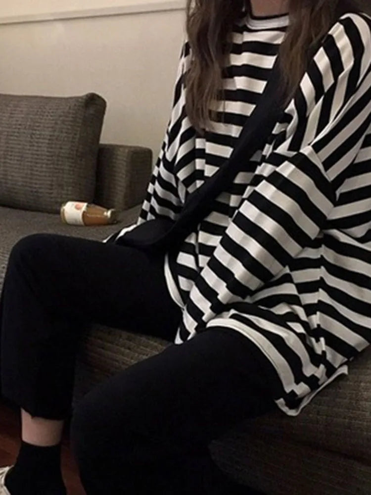 Spring Autumn Harajuku Striped Tshirt Long Sleeve O-neck T-shirts Ulzzang Korean T Shirt Femme Black Tops