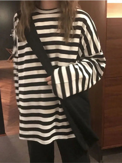 Spring Autumn Harajuku Striped Tshirt Long Sleeve O-neck T-shirts Ulzzang Korean T Shirt Femme Black Tops