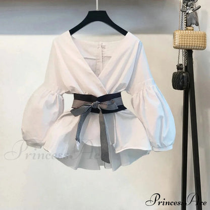 Bow Lantern Flare Pants Striped Blouse Two Piece Set