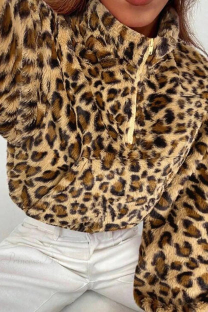 Stand Collar Half-zip Leopard Print Cropped Fuzzy Coat
