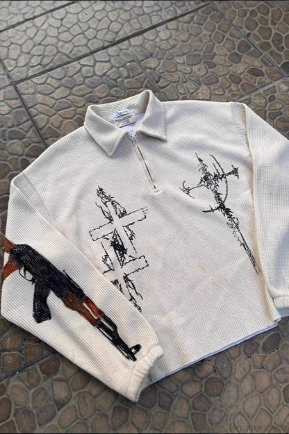 Street-inspired Oversized Gun Graphic Letter Sweatshirt