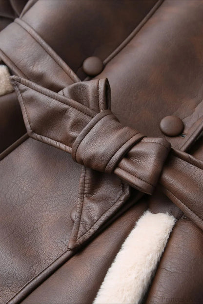 Street Style Color Block Tie Waist Faux Leather Coat