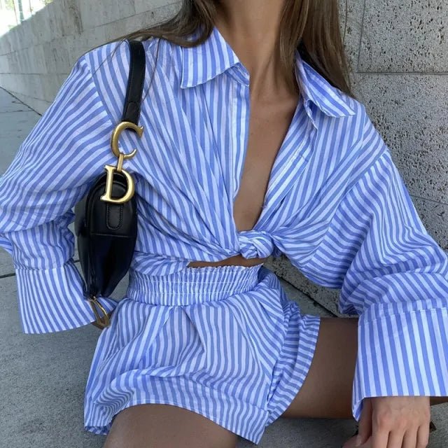 Striped Blouse Shirts and Shorts Set