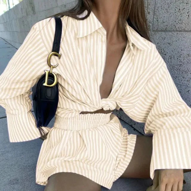 Striped Blouse Shirts and Shorts Set