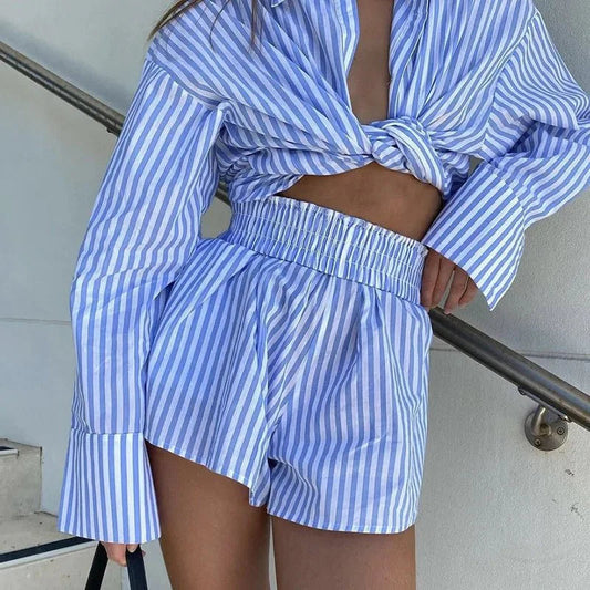 Striped Blouse Shirts and Shorts Set