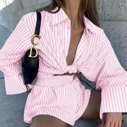 Striped Blouse Shirts and Shorts Set