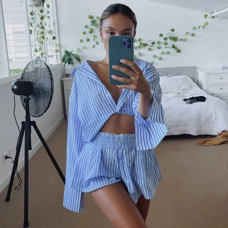 Striped Blouse Shirts and Shorts Set