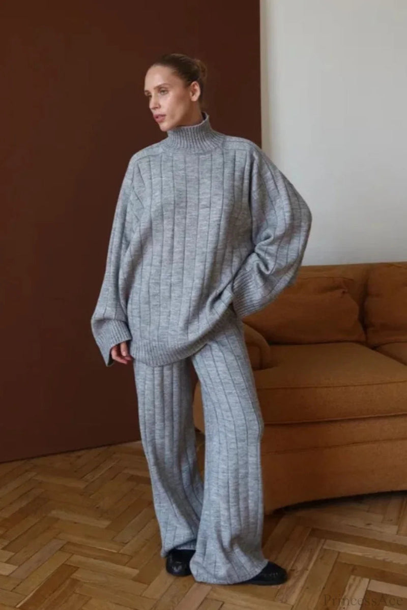 Striped Knit Sweater Wide-leg Pants Two Piece Set