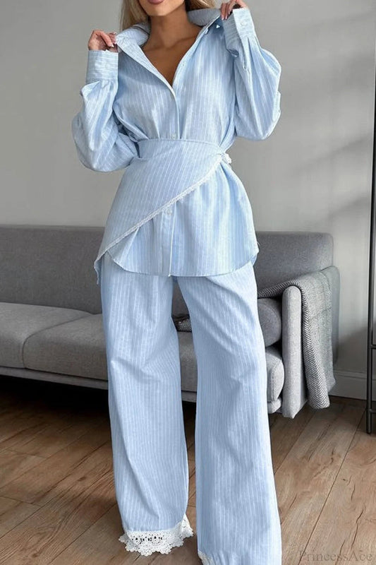 Striped Lace Long Sleeve Pants Scarf Three Piece Set