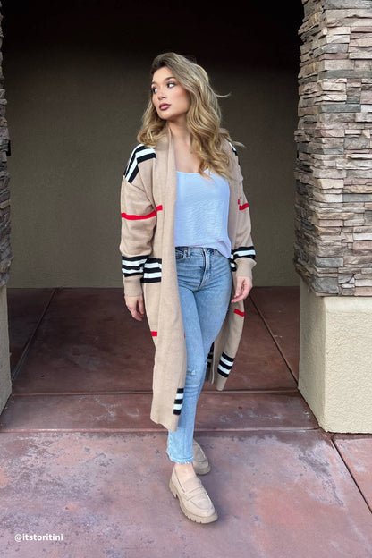 Contrast Striped Open Front Cardigan