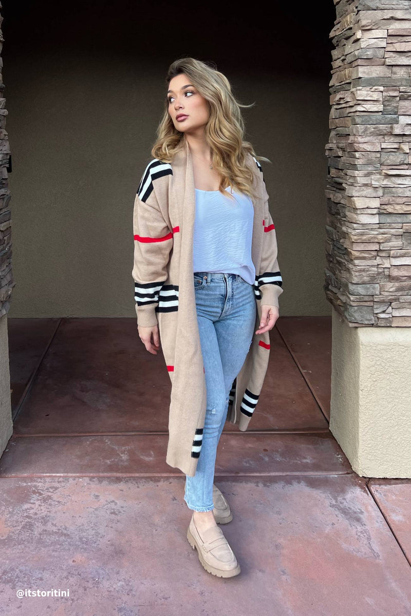 Contrast Striped Open Front Cardigan