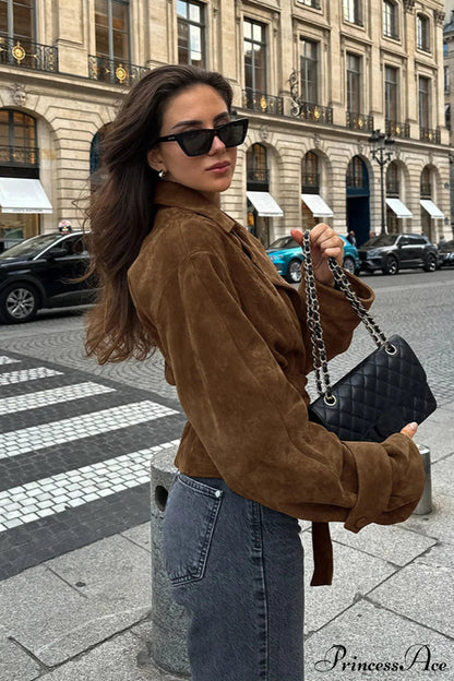 Suede Belted Blazer Collar Coat