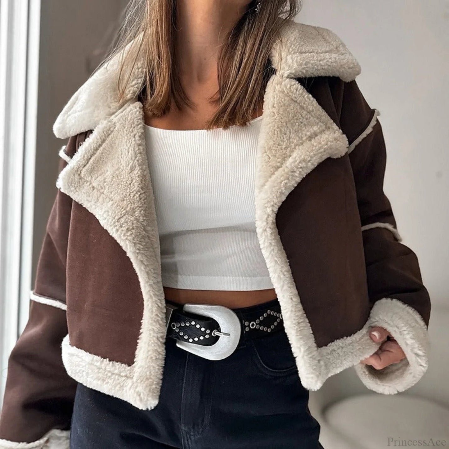 Suede Wide Lapel Cropped Fleece-lined Long Sleeve Coat