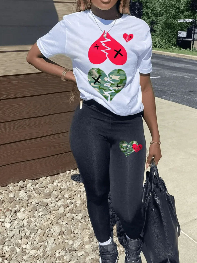 Broken Heart Print Stretchy Pants Set Ar5050