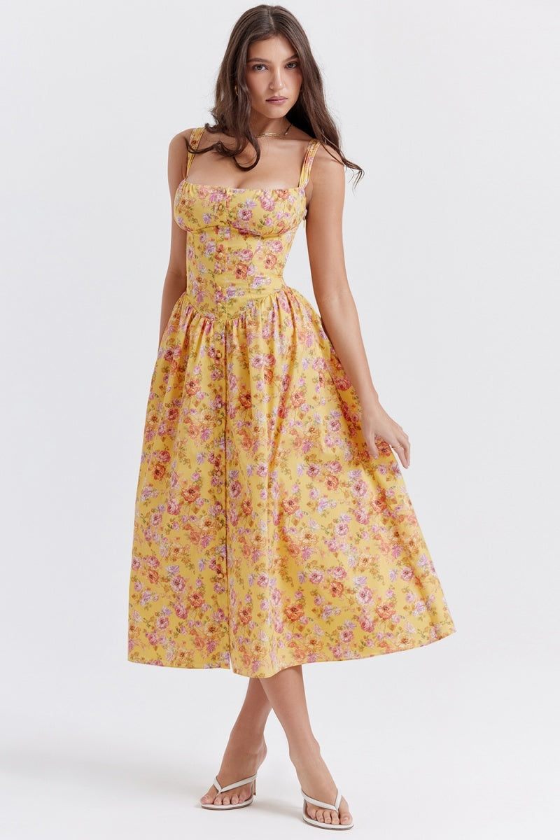 Tatiana Yellow Print Midi Dress