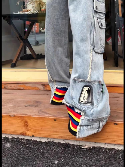 Striped Wide Leg Bottom Denim Cargo Pants
