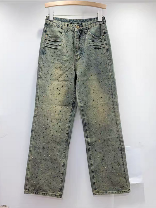 Faded Blue Green Wide Leg Denim Studded Pants