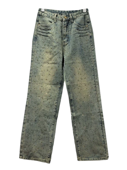 Faded Blue Green Wide Leg Denim Studded Pants