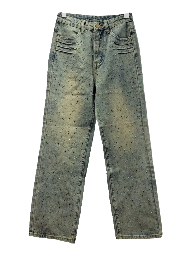 Faded Blue Green Wide Leg Denim Studded Pants