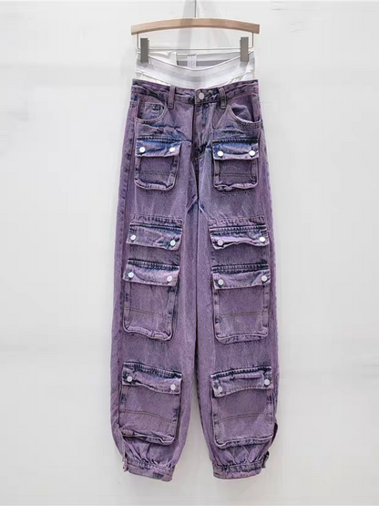 Purple Cargo Joggers Denim Pants