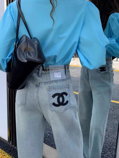 Ch Print Wide Leg Denim Pants