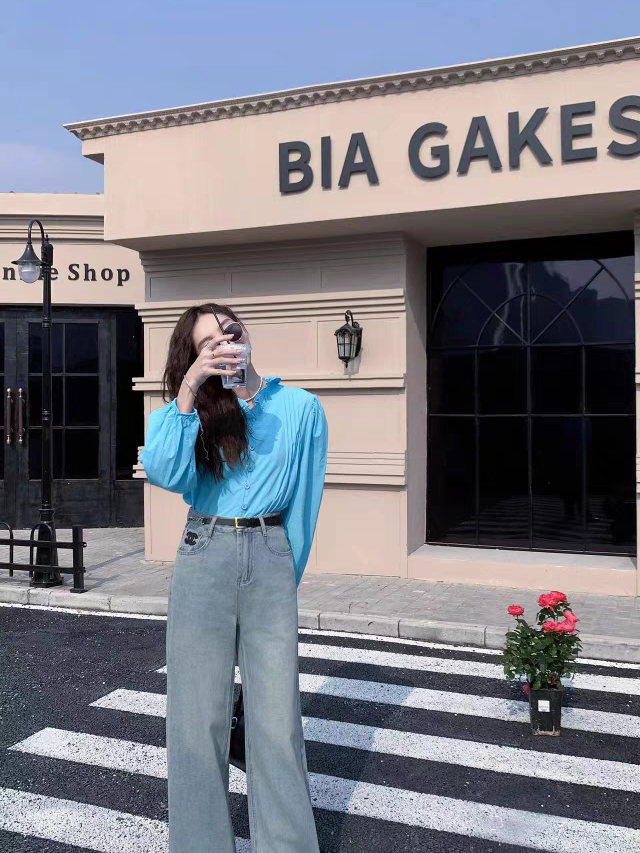 Ch Print Wide Leg Denim Pants