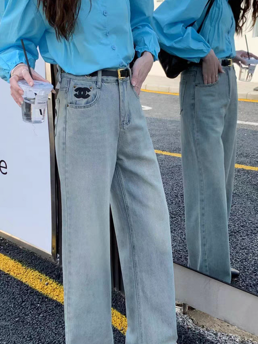 Ch Print Wide Leg Denim Pants